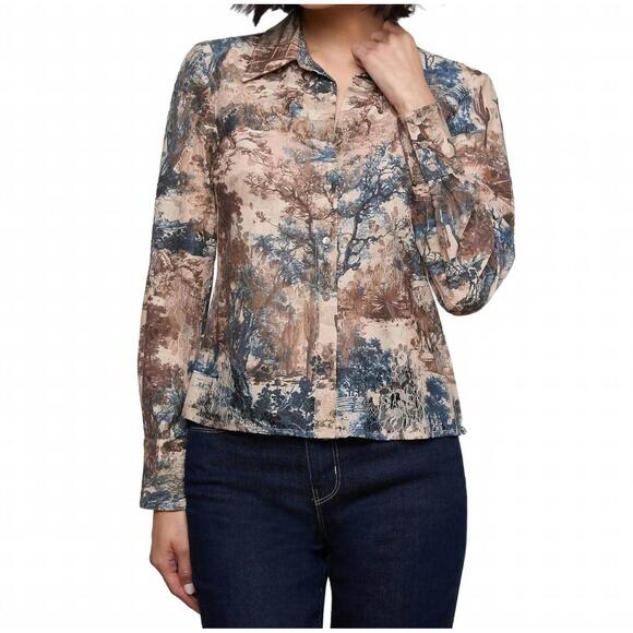 NEW L'AGENCE maia lace button down shirt in tan western toile
